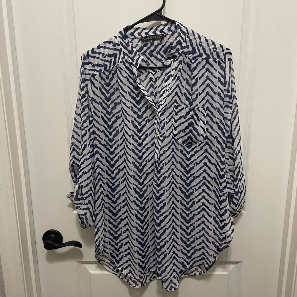 Wishful Park sheer navy/white chevron blouse 3/4 length sleeves women’s sz large